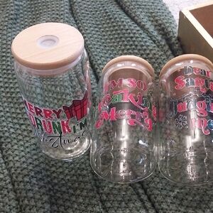 Festive Holiday Glass Tumblers with Bamboo Lids